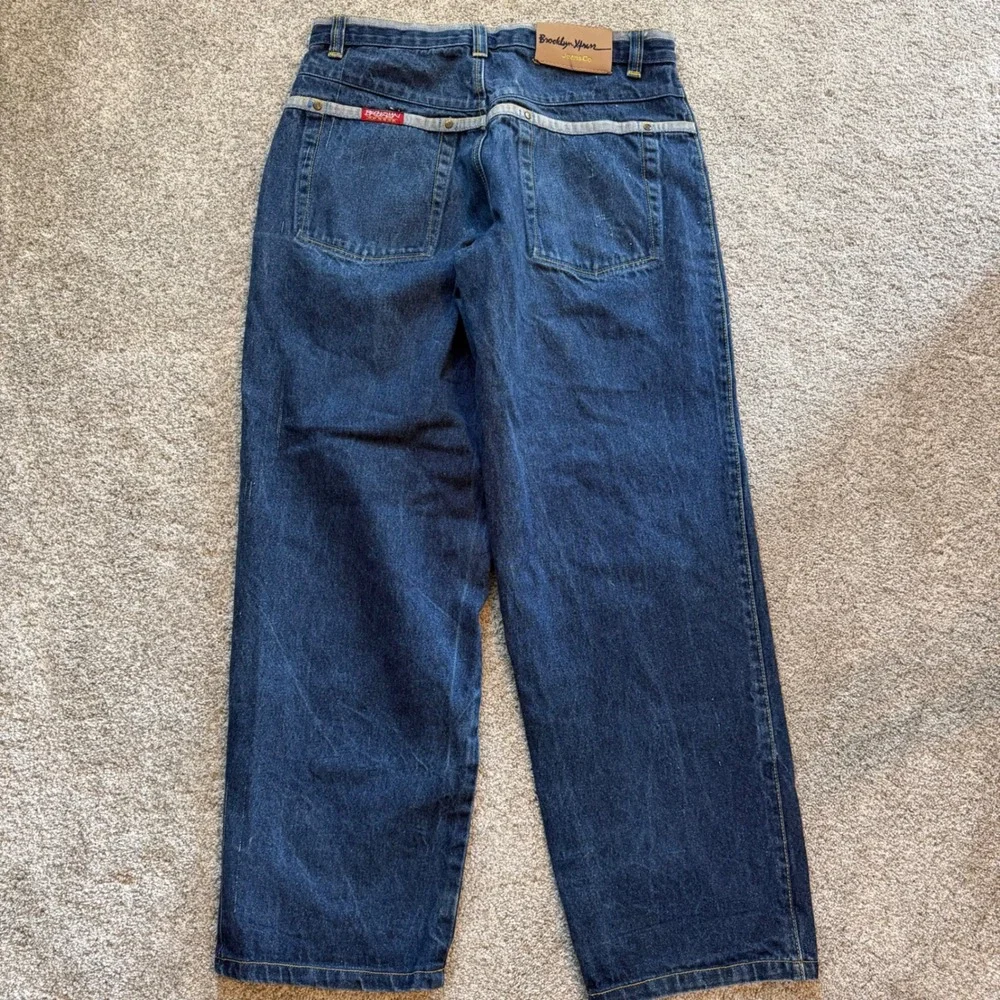 Brooklyn Xpress Jeans Co Baggy Denim Pants Blue Wide Leg Embroidered Mens 36x31